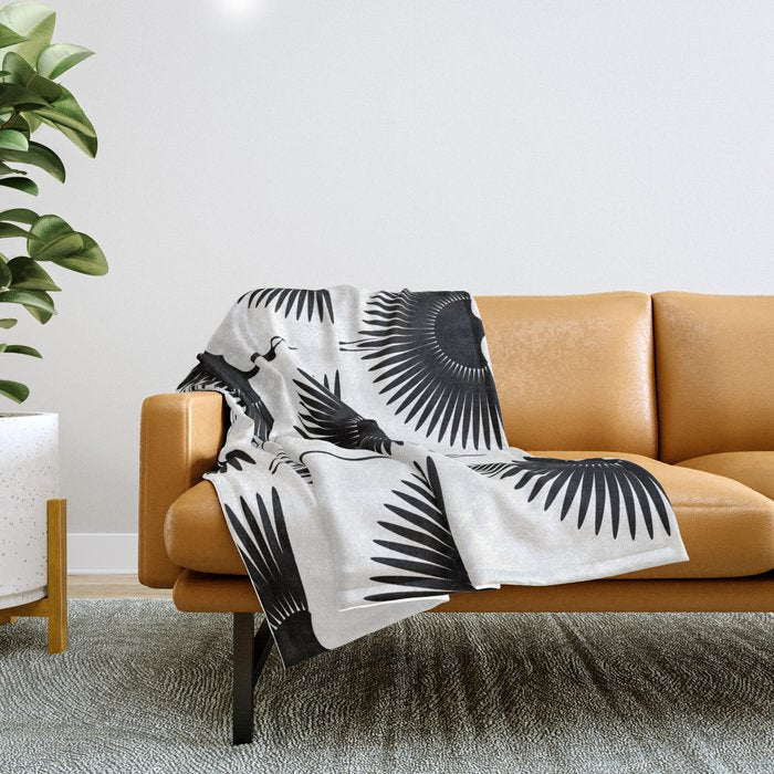 Japanese Crane Ornate Art Deco Monochrome Pattern II Throw Blanket Gallery Image 1