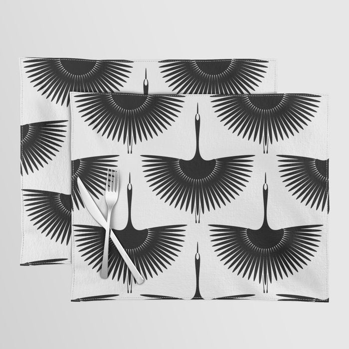 Japanese Crane Ornate Art Deco Monochrome Pattern II Placemat Gallery Image 1