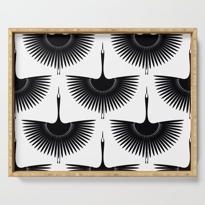 Japanese Crane Ornate Art Deco Monochrome Pattern II Serving Tray Gallery Image 1