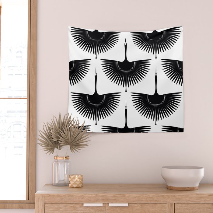Japanese Crane Ornate Art Deco Monochrome Pattern II Wall Tapestry Gallery Image 2