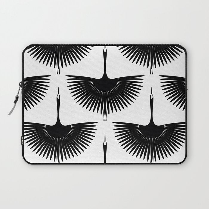 Japanese Crane Ornate Art Deco Monochrome Pattern II Laptop Sleeve Gallery Image 1