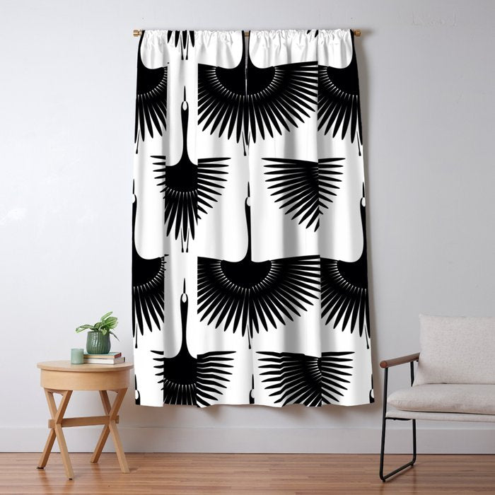 Japanese Crane Ornate Art Deco Monochrome Pattern II Window Curtain Gallery Image 1