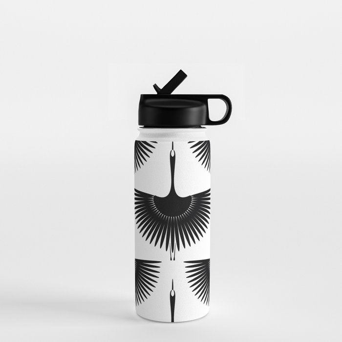 Japanese Crane Ornate Art Deco Monochrome Pattern II Water Bottle Gallery Image 1