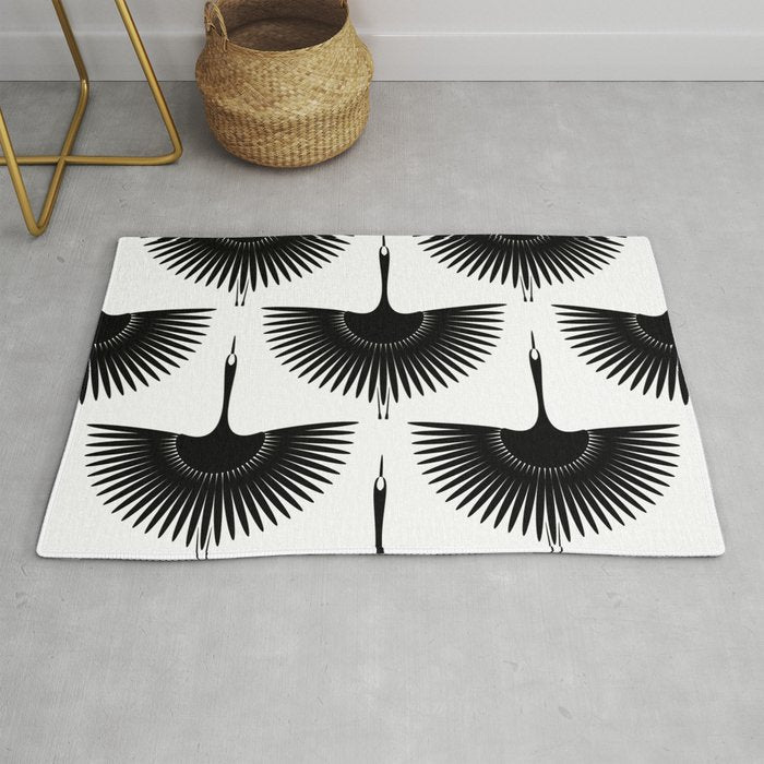 Japanese Crane Ornate Art Deco Monochrome Pattern II Rug Gallery Image 1