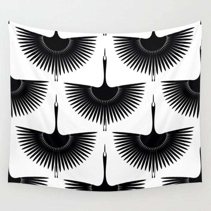 Japanese Crane Ornate Art Deco Monochrome Pattern II Wall Tapestry Gallery Image 1