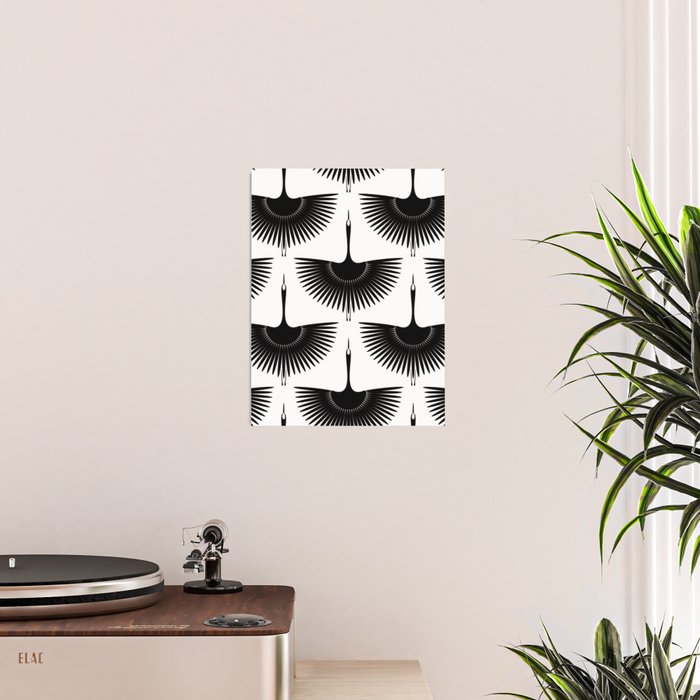 Japanese Crane Ornate Art Deco Monochrome Pattern II Poster Gallery Image 2