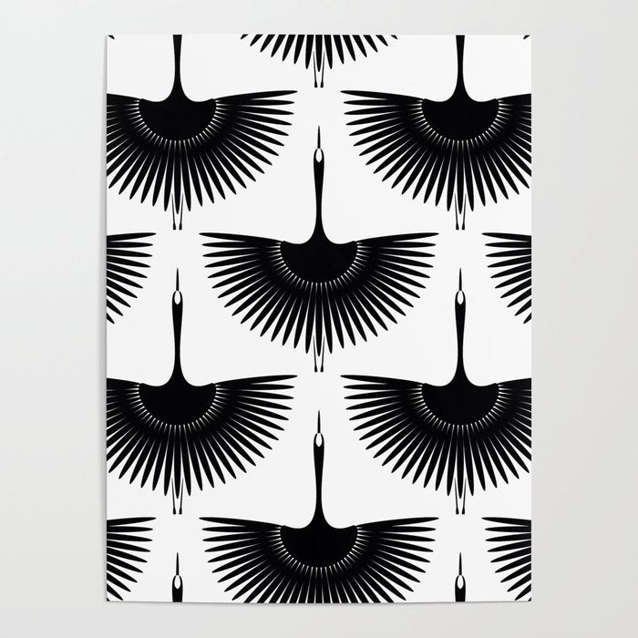 Japanese Crane Ornate Art Deco Monochrome Pattern II Poster Gallery Image 4