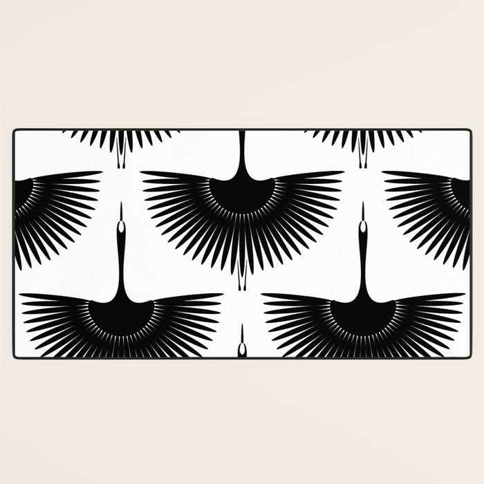 Japanese Crane Ornate Art Deco Monochrome Pattern II Desk Mat Gallery Image 3
