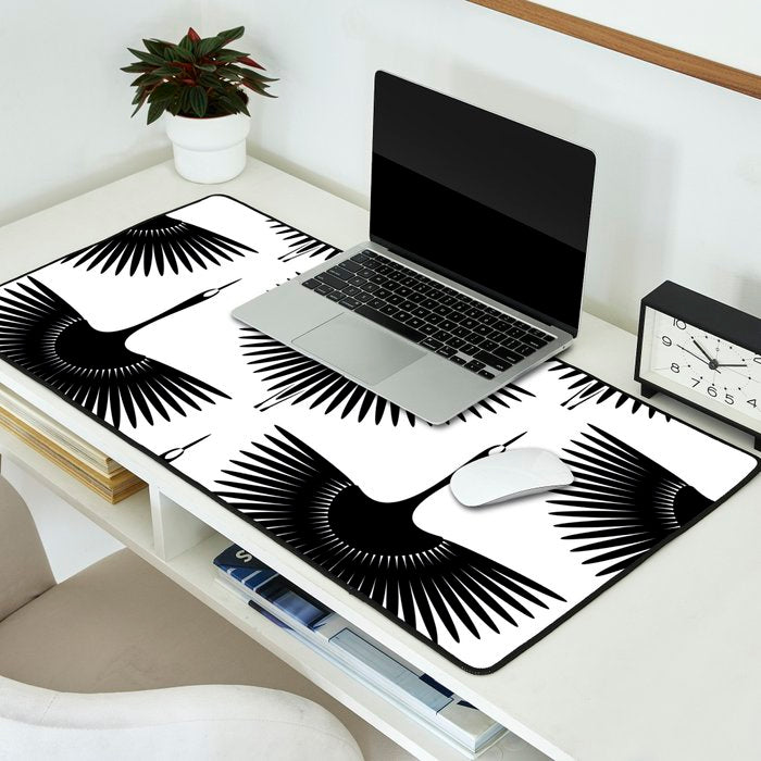 Japanese Crane Ornate Art Deco Monochrome Pattern II Desk Mat Gallery Image 2