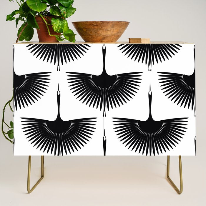 Japanese Crane Ornate Art Deco Monochrome Pattern II Credenza Gallery Image 1