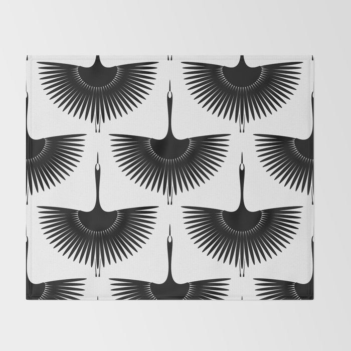 Japanese Crane Ornate Art Deco Monochrome Pattern II Throw Blanket Gallery Image 2