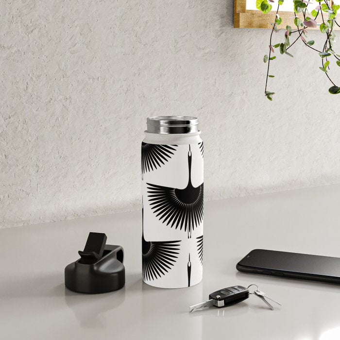 Japanese Crane Ornate Art Deco Monochrome Pattern II Water Bottle Gallery Image 4
