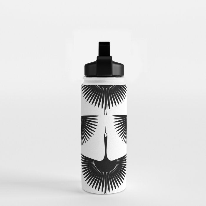 Japanese Crane Ornate Art Deco Monochrome Pattern II Water Bottle Gallery Image 2