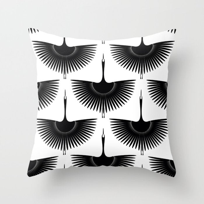 Japanese Crane Ornate Art Deco Monochrome Pattern II Throw Pillow Gallery Image 6