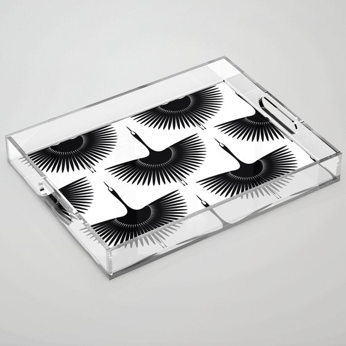 Japanese Crane Ornate Art Deco Monochrome Pattern II Acrylic Tray Gallery Image 1