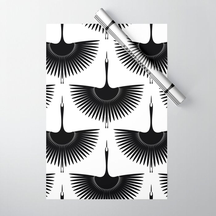 Japanese Crane Ornate Art Deco Monochrome Pattern II Wrapping Paper Gallery Image 1