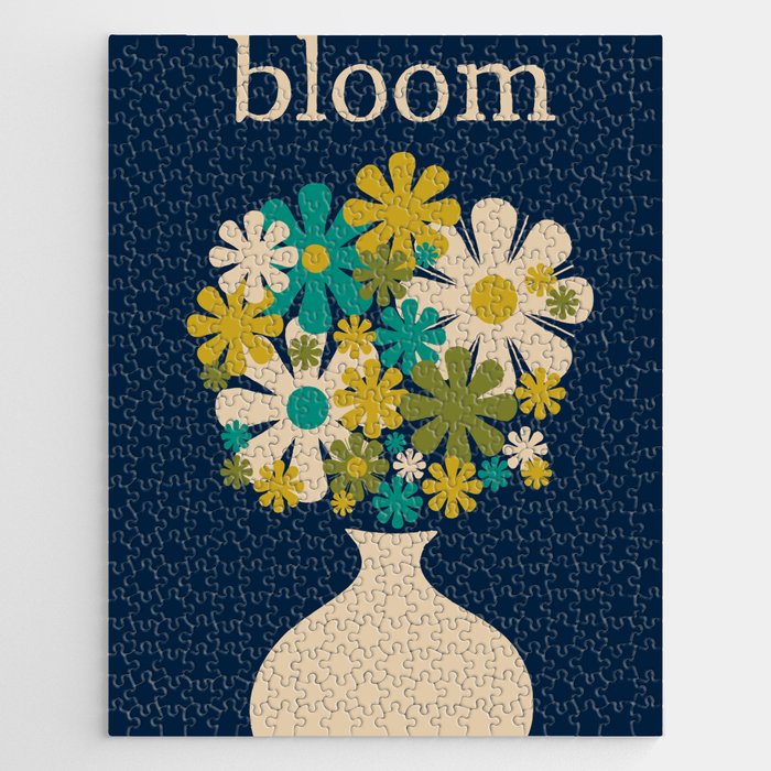 Bloom Retro Flowers in Vase on Blue Jigsaw Puzzle Gallery Image 1