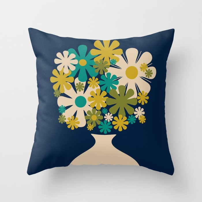 Bloom Retro Flowers in Vase on Blue Throw Pillow Gallery Image 1