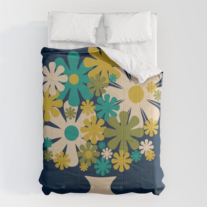 Bloom Retro Flowers in Vase on Blue Comforter Gallery Image 1