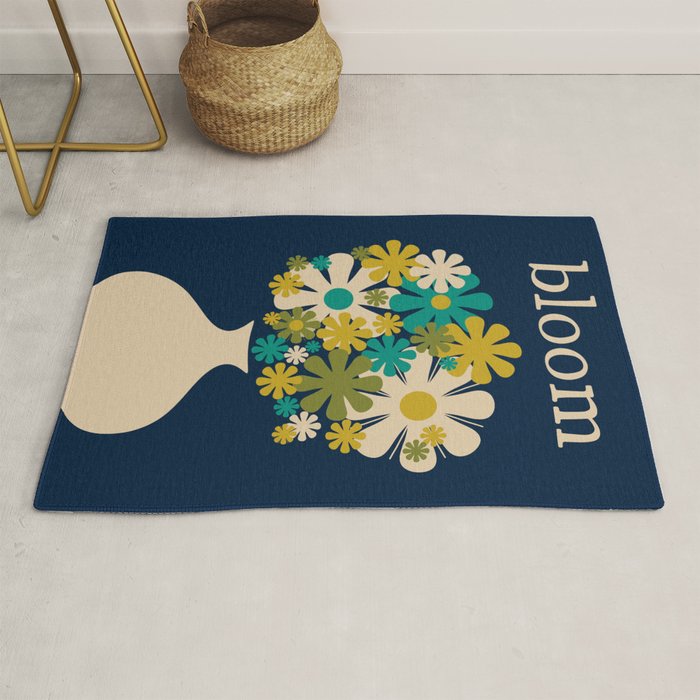 Bloom Retro Flowers in Vase on Blue Rug Gallery Image 1