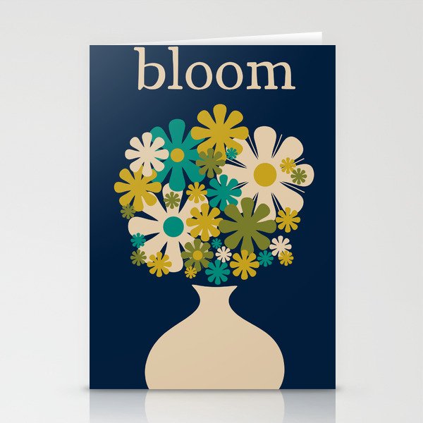 Bloom Retro Flowers in Vase on Blue Stationery Card Gallery Image 1