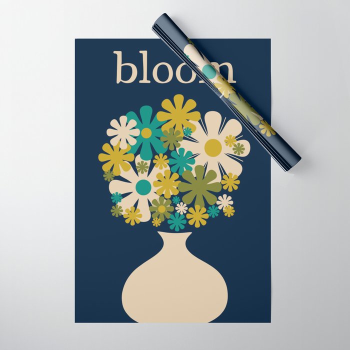 Bloom Retro Flowers in Vase on Blue Wrapping Paper Gallery Image 1