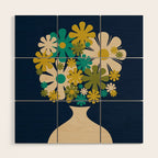Bloom Retro Flowers in Vase on Blue Wood Wall Art Gallery Image 1