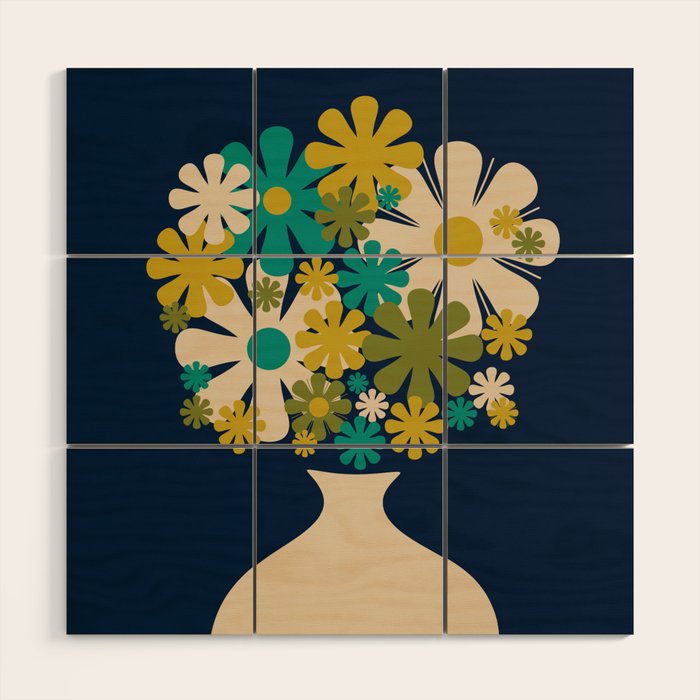 Bloom Retro Flowers in Vase on Blue Wood Wall Art Gallery Image 1