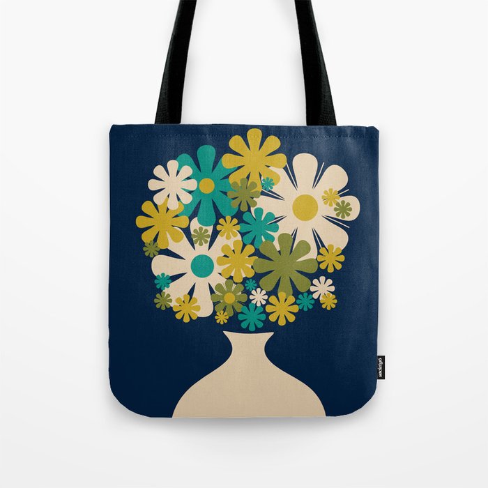 Bloom Retro Flowers in Vase on Blue Tote Bag Gallery Image 1