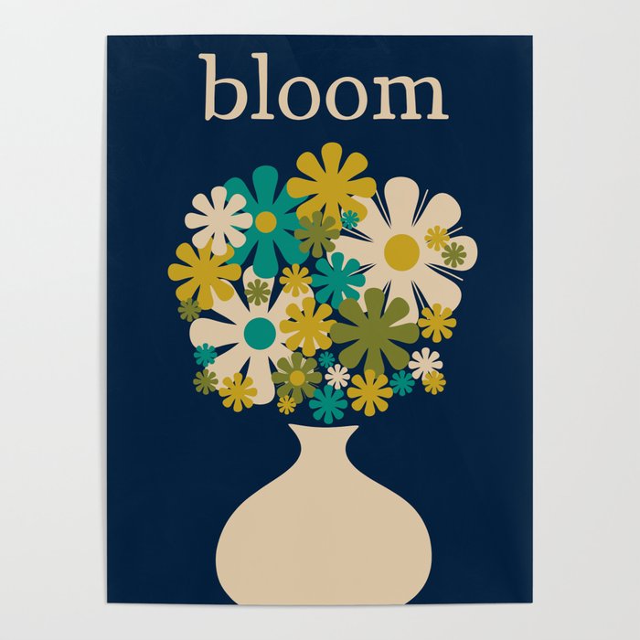 Bloom Retro Flowers in Vase on Blue Poster Gallery Image 4