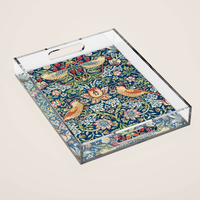 William Morris Strawberry Thief Blue 1883 Vintage Botanical Pattern Acrylic Tray Gallery Image 1