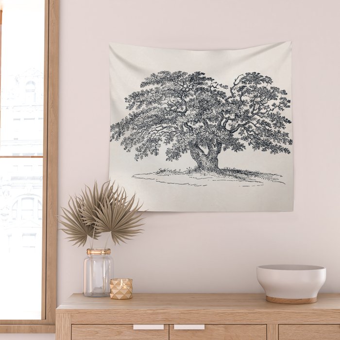 Wide Oak Tree Sketch Wall Tapestry Gallery Image 2