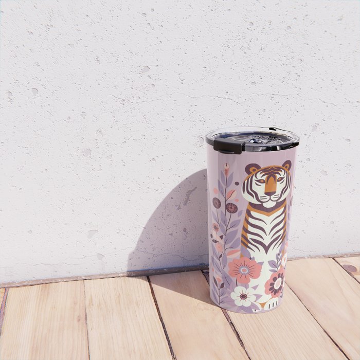 Serene Tiger in Blooming Garden - Pastel Floral Illustration Travel Mug Gallery Image 4