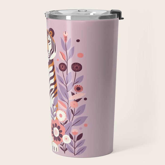 Serene Tiger in Blooming Garden - Pastel Floral Illustration Travel Mug Gallery Image 2