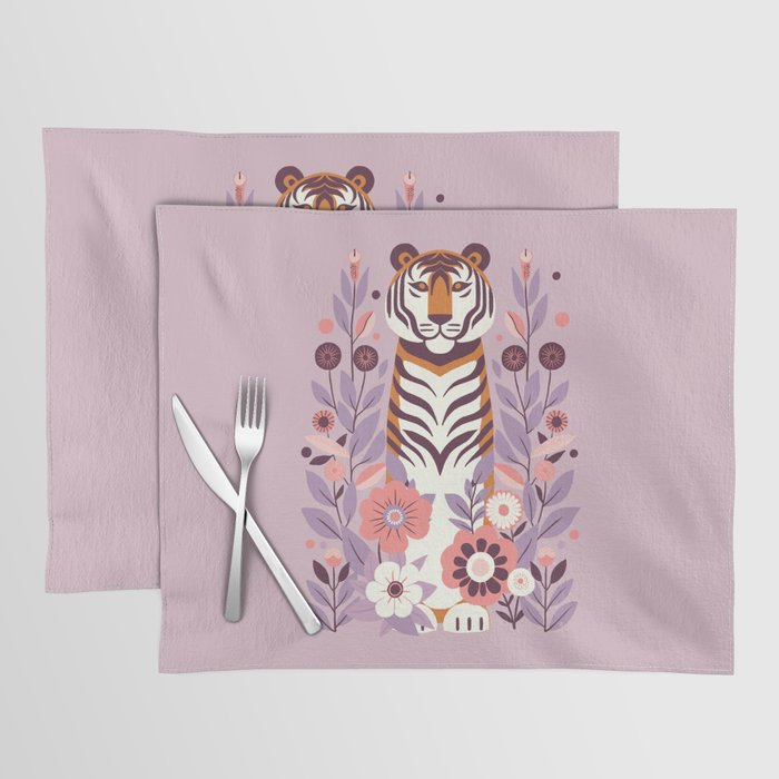 Serene Tiger in Blooming Garden - Pastel Floral Illustration Placemat Gallery Image 1