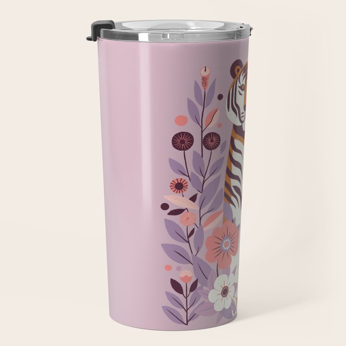 Serene Tiger in Blooming Garden - Pastel Floral Illustration Travel Mug Gallery Image 3