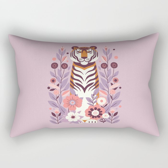 Serene Tiger in Blooming Garden - Pastel Floral Illustration Rectangular Pillow Gallery Image 1