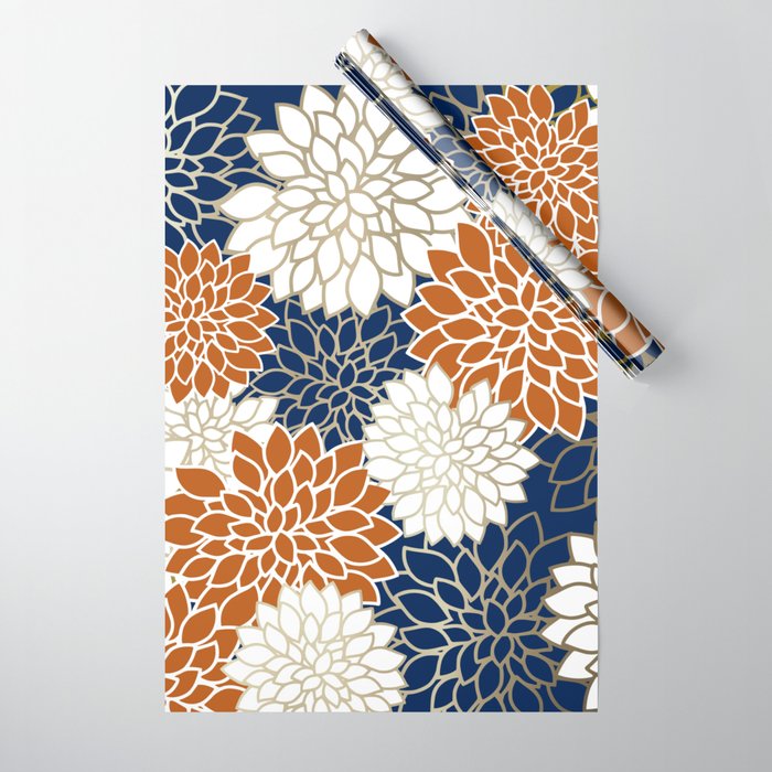 Dahlia Blooms, Terracotta, Navy, Gold, White Wrapping Paper Gallery Image 1