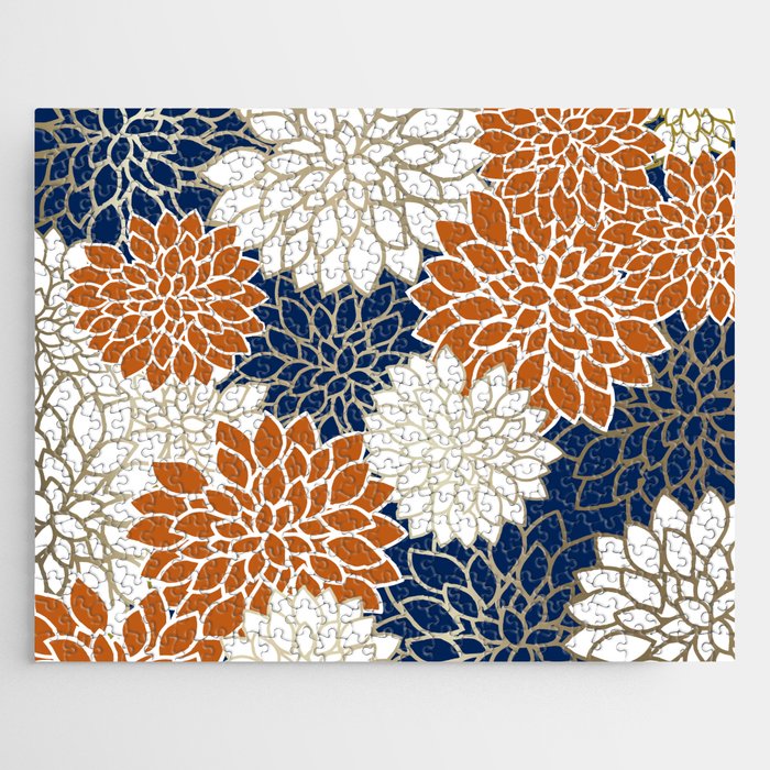 Dahlia Blooms, Terracotta, Navy, Gold, White Jigsaw Puzzle Gallery Image 1