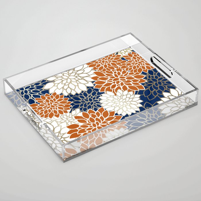 Dahlia Blooms, Terracotta, Navy, Gold, White Acrylic Tray Gallery Image 1
