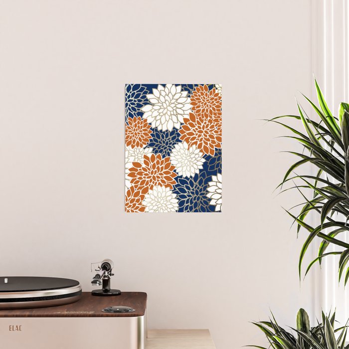 Dahlia Blooms, Terracotta, Navy, Gold, White Poster Gallery Image 2