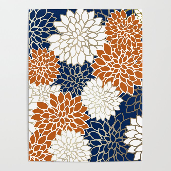Dahlia Blooms, Terracotta, Navy, Gold, White Poster Gallery Image 4