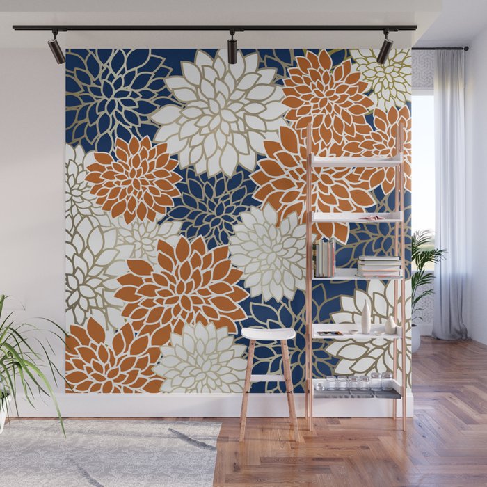 Dahlia Blooms, Terracotta, Navy, Gold, White Wall Mural Gallery Image 1