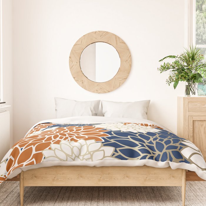 Dahlia Blooms, Terracotta, Navy, Gold, White Duvet Cover Gallery Image 3