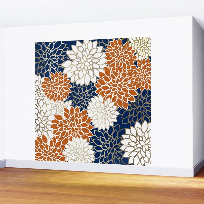 Dahlia Blooms, Terracotta, Navy, Gold, White Wall Mural Gallery Image 2