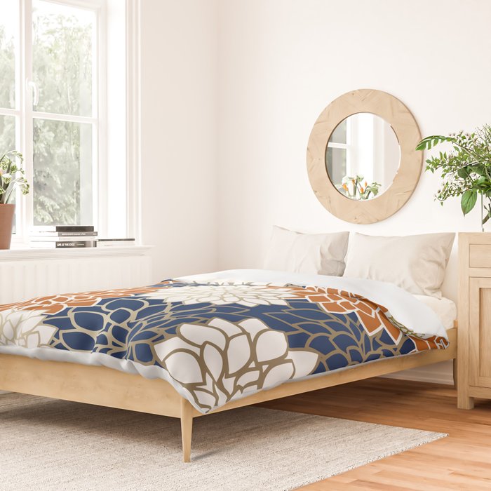 Dahlia Blooms, Terracotta, Navy, Gold, White Duvet Cover Gallery Image 2