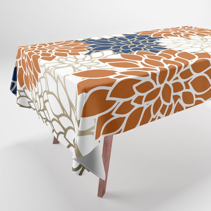 Dahlia Blooms, Terracotta, Navy, Gold, White Tablecloth Gallery Image 1