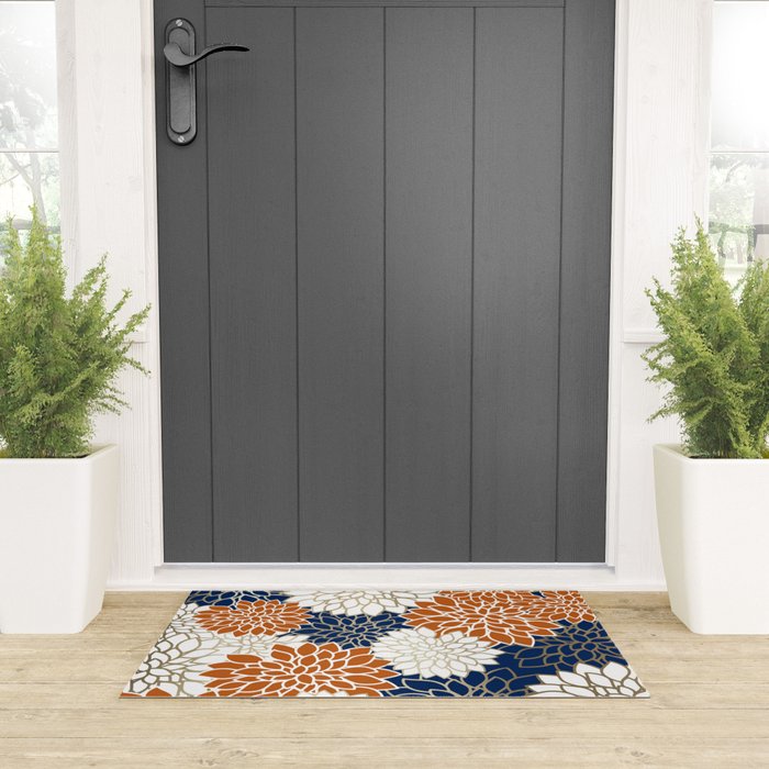 Dahlia Blooms, Terracotta, Navy, Gold, White Welcome Mat Gallery Image 3