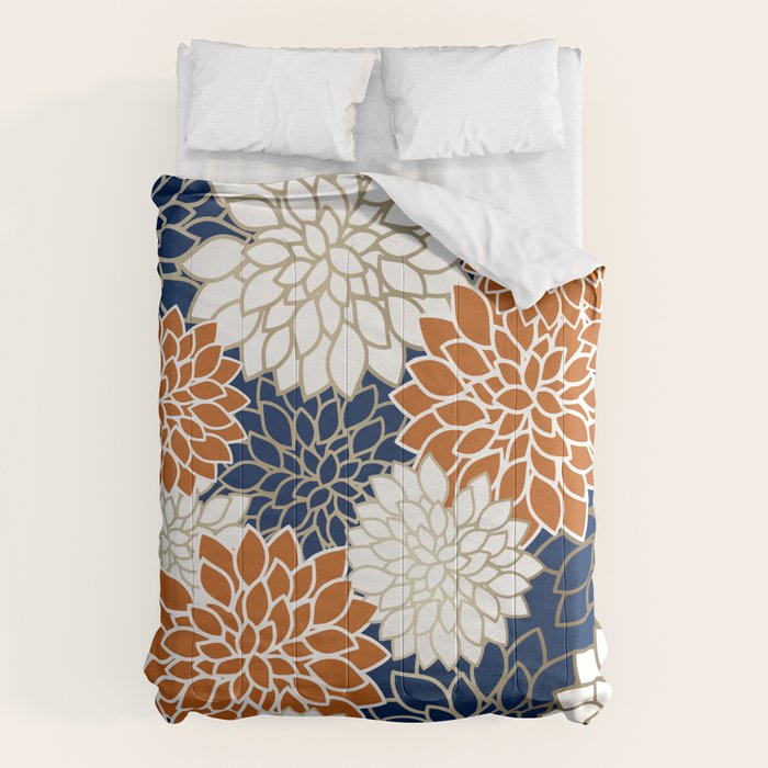 Dahlia Blooms, Terracotta, Navy, Gold, White Comforter Gallery Image 6