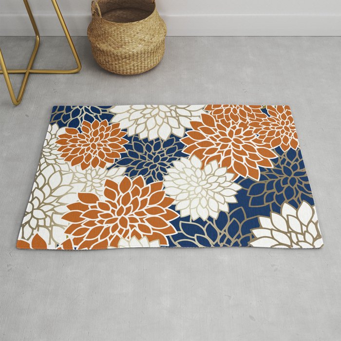 Dahlia Blooms, Terracotta, Navy, Gold, White Rug Gallery Image 1